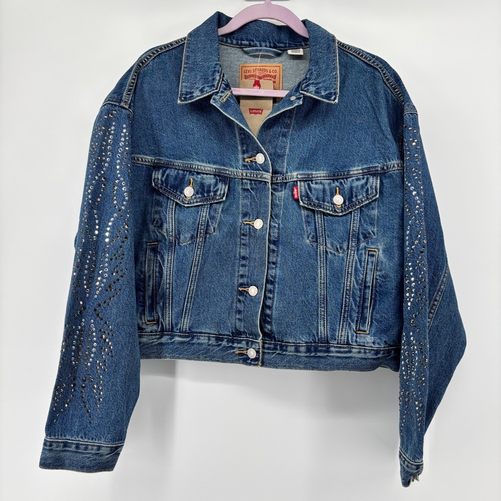 Levis Womens Cropped Studded Denim Trucker Jacket Medium Wash‎ Rhinestone Size L